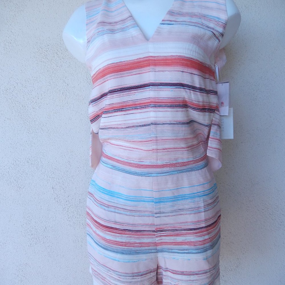 1. State Striped Pink Crepe Romper lightweight romper sleeveless silhouette